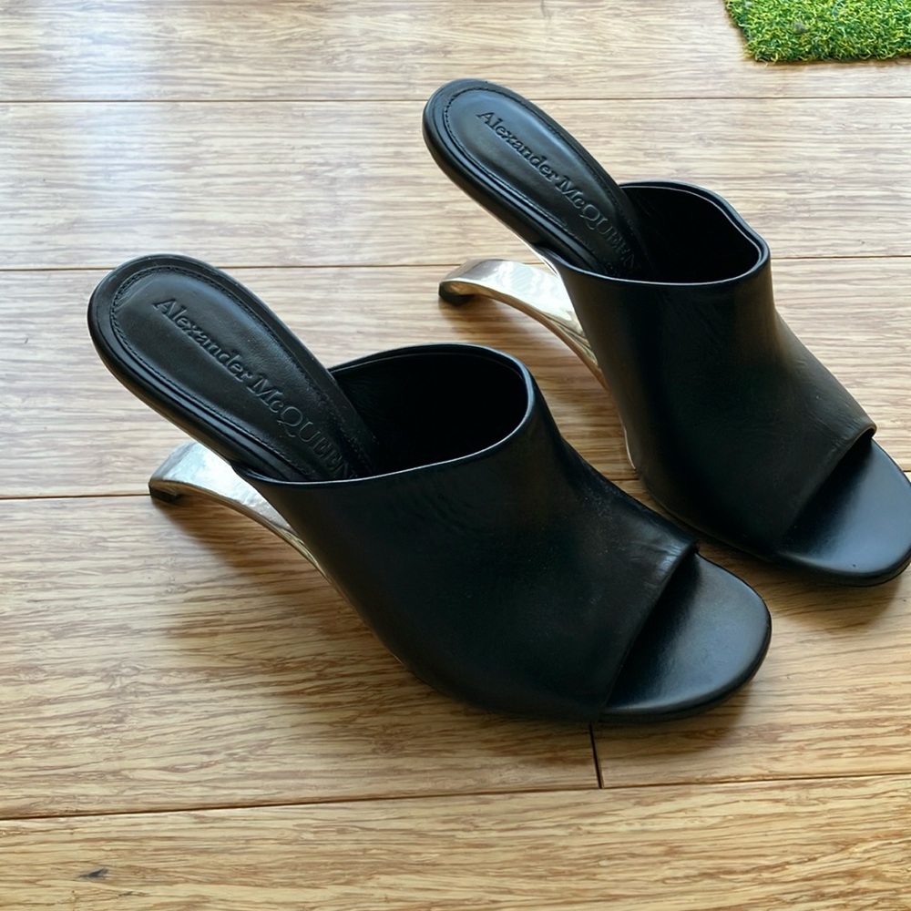 Black and chrome Alexander McQueen open toed floating heels
